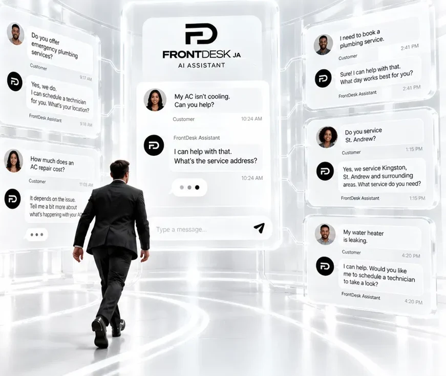 A businessman walks past panels showing customer conversations handled by the FrontDesk AI Assistant.